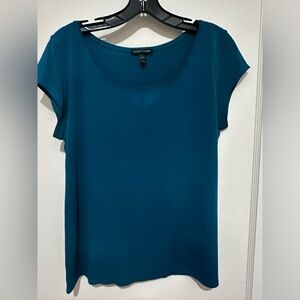 Eileen Fisher teal short sleeve woven silk tee blouse